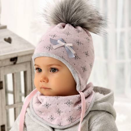 Baby Mädchen Winterset Mütze Wintermütze Bommelmütze Strickmütze gefüttert Halstuch mit Wolle